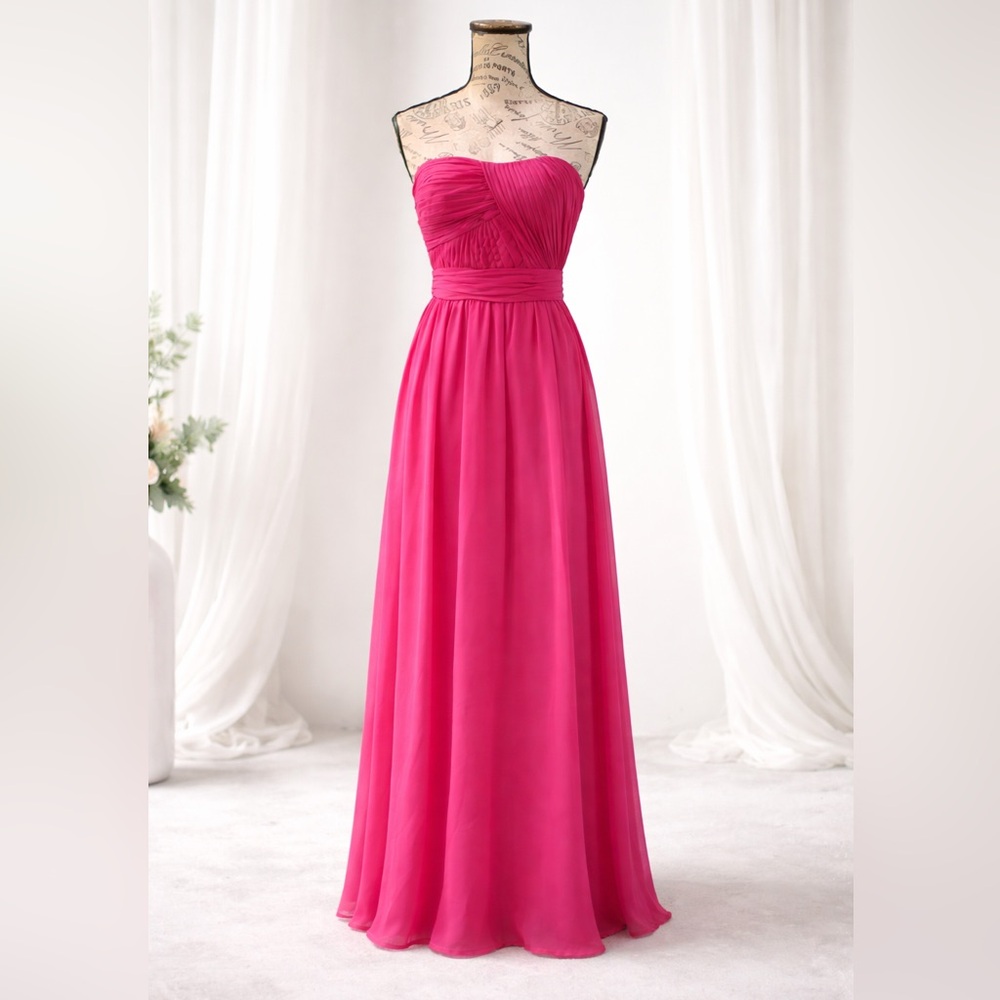 Adrianna Papell Strapless Fuchsia Gown Pleated Formal Maxi Dress Prom Bridesmaid